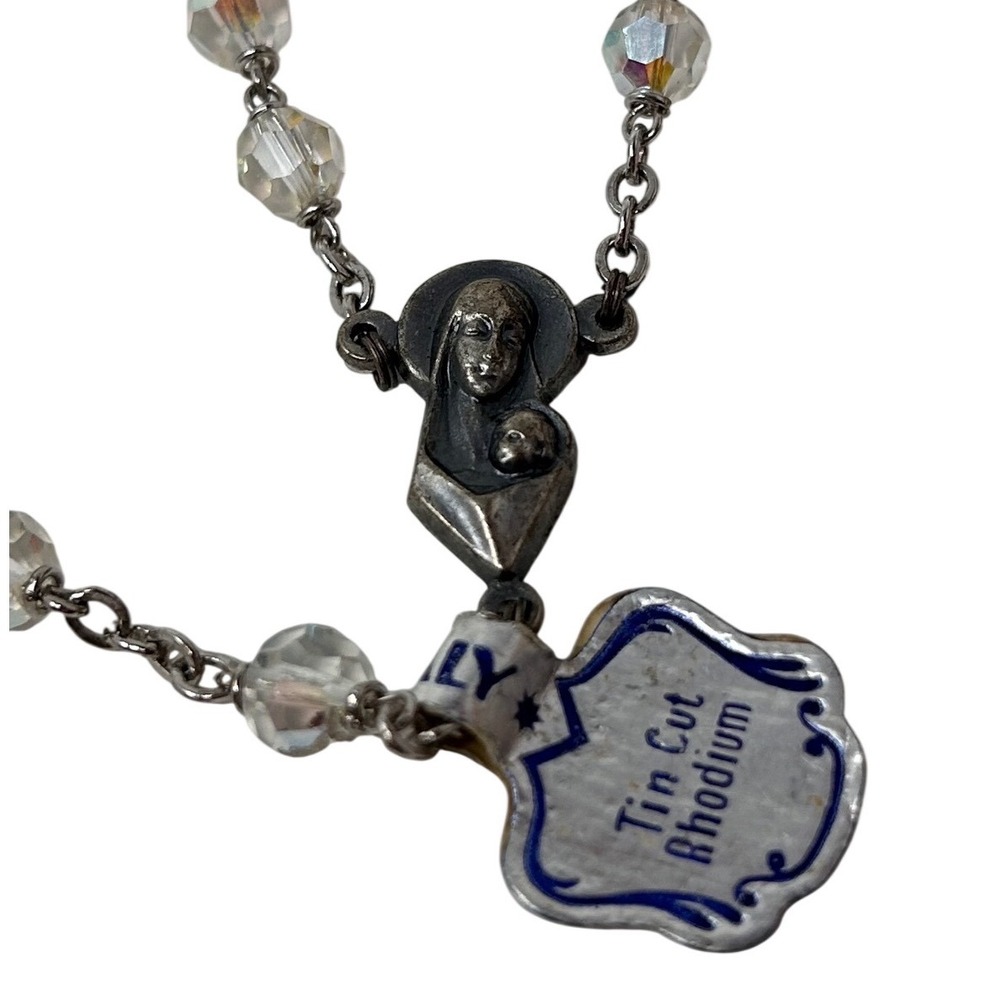 Vintage Italy Rosary Aurora Borealis Tin Cut Rhodium Crystal‎ Beads Madonna NWT - Picture 3 of 7
